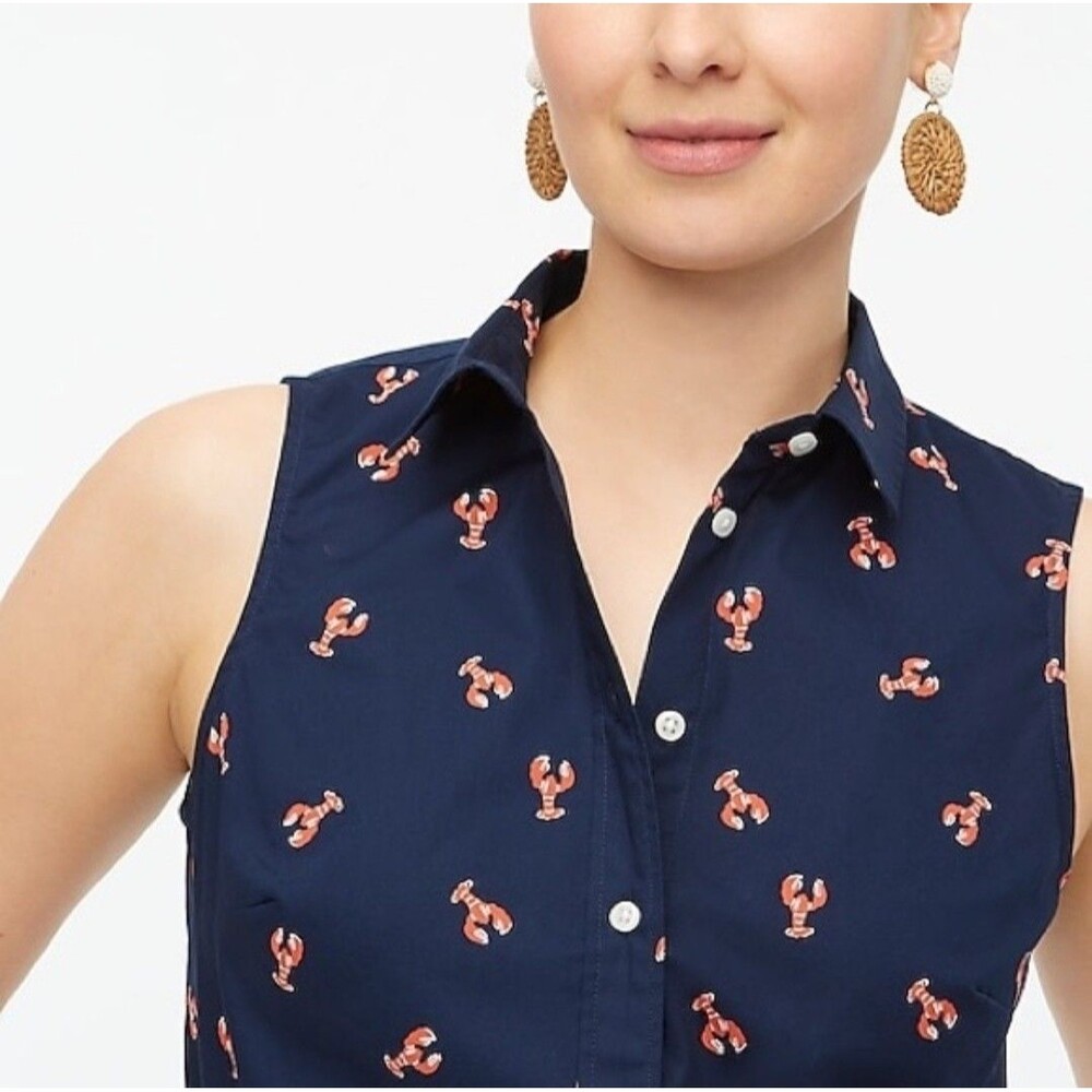 J. Crew Women's Sleeveless Button-Up Collared Top with Lobster Motif, Size SP
